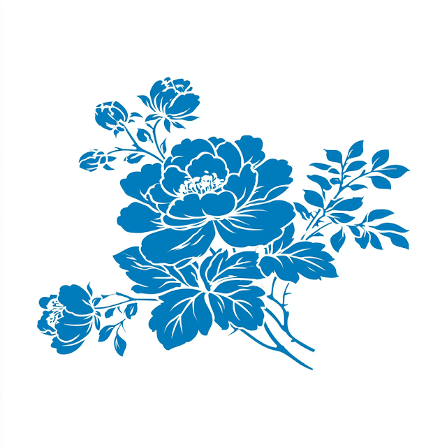 Cobalt Blue Peony Floral Silhouette