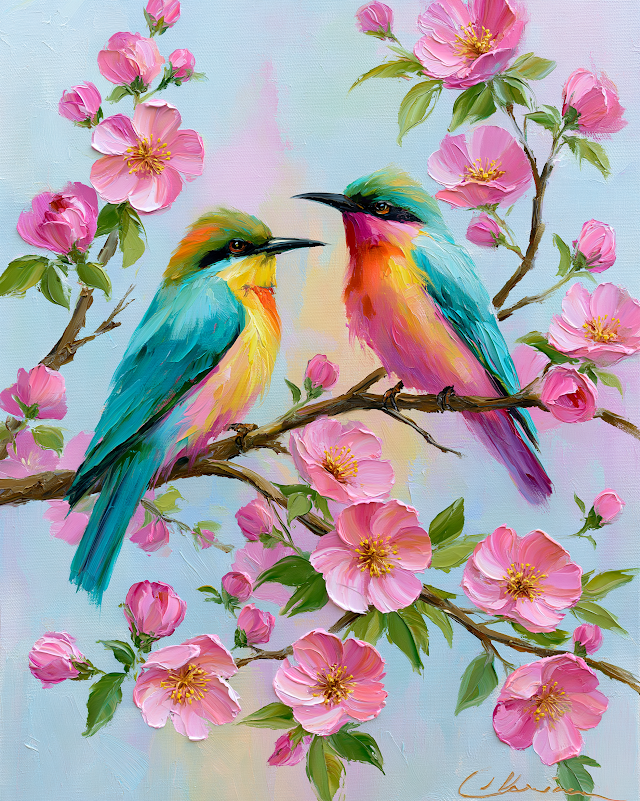 Colorful Birds Perched on Blooming Floral Branch