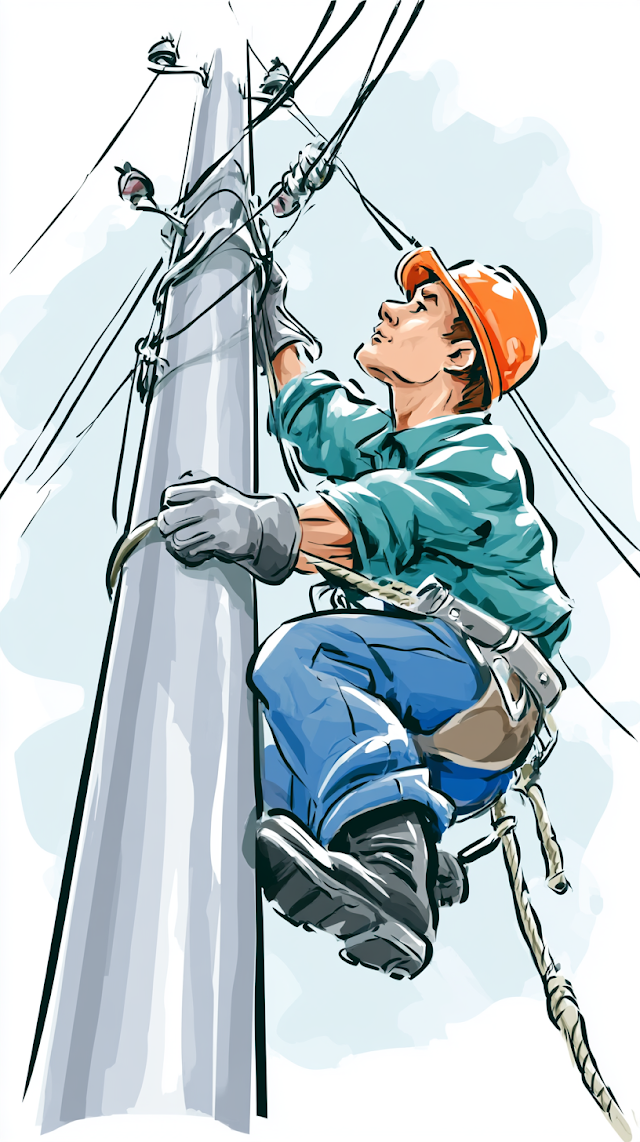 Colorful Cartoon Illustration of an Electrical Utility Lineman