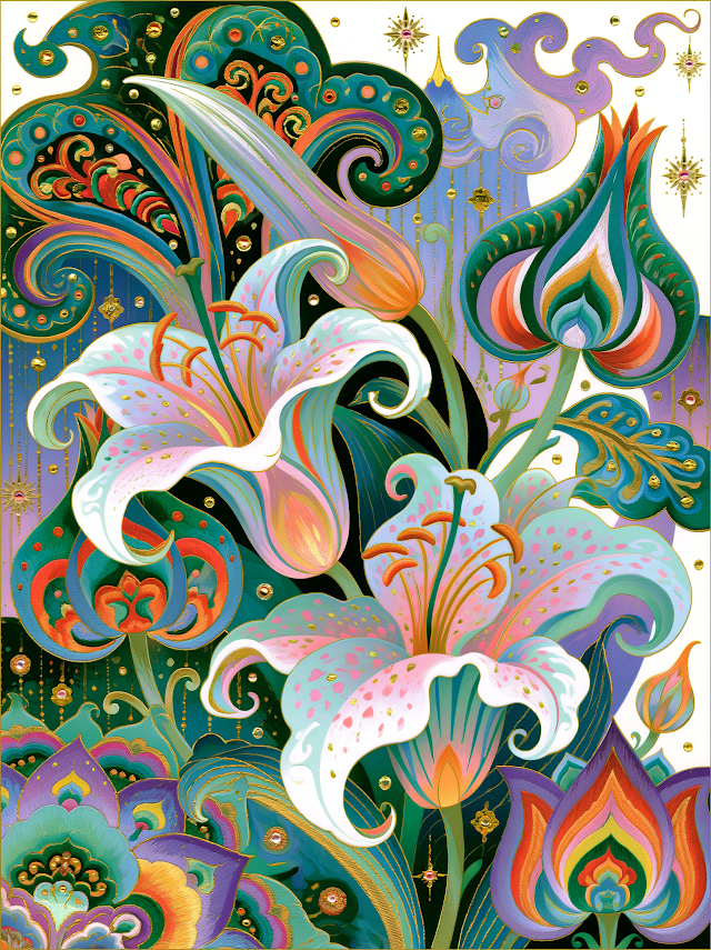 Colorful Pink Lilies Embroidery Art
