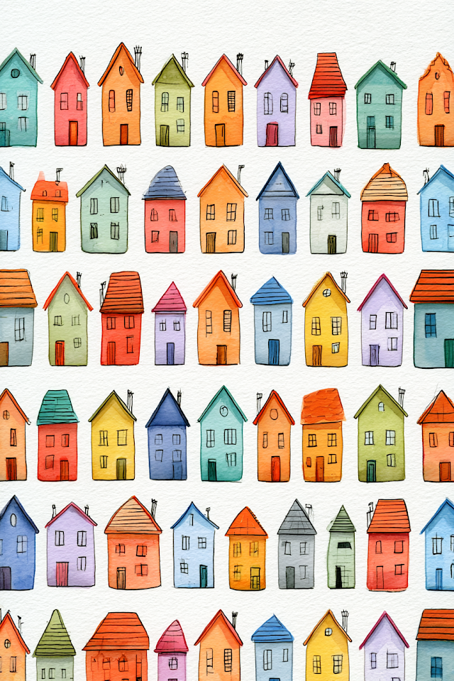 Colorful Toy-Like Houses in Pastel Watercolors