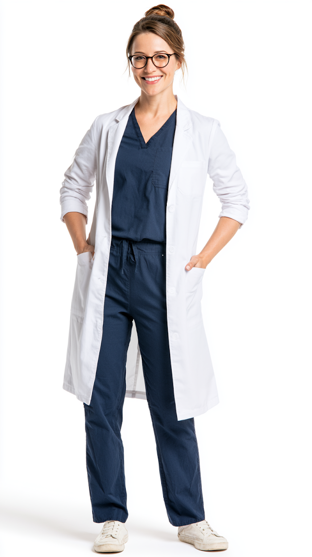 Confident Female Medical Educator in Scrubs and Lab Coat