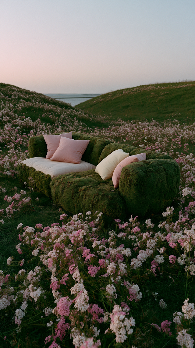 Cozy Moss-Covered Outdoor Sofa in Wildflower Field