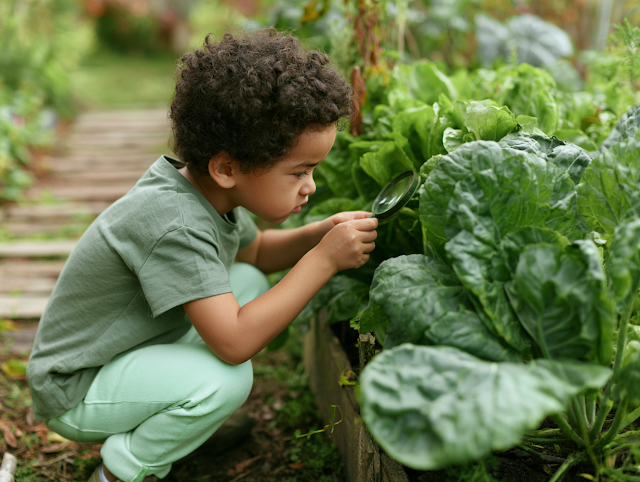 Curious Child Inspecting Garden Leaves with Magnifying Glass