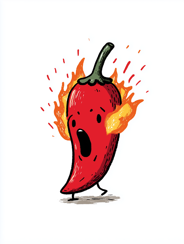 Cute Cartoon Chili Pepper on Fire