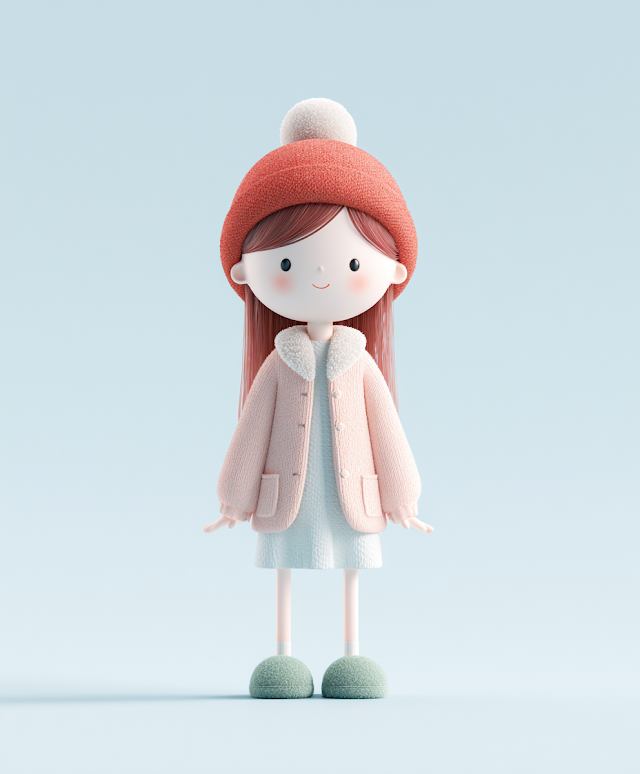 Cute Cartoon Girl in Red Hat and Pink Sweater