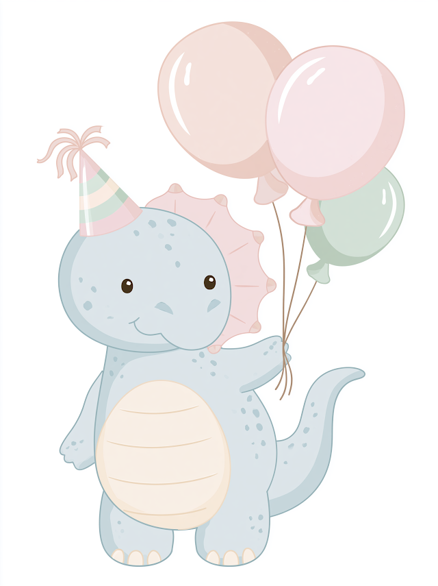 Cute Pastel Dinosaur with Balloons for Birthday Invitations