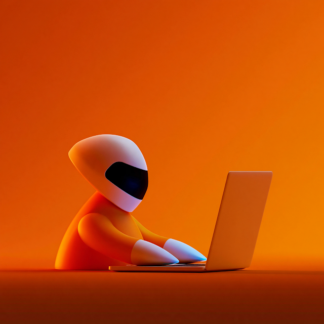 Cute Pixar-Style Robot Typing on MacBook
