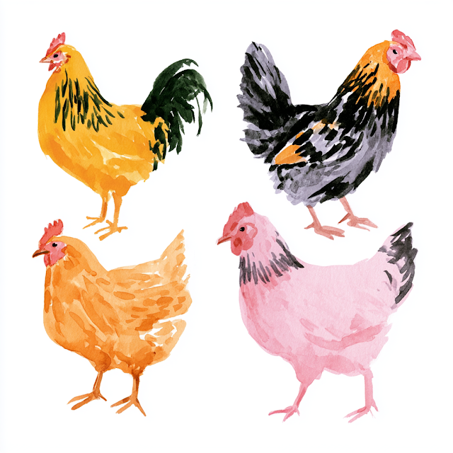 Cute Realistic Colorful Watercolor Chickens Asset Sheet