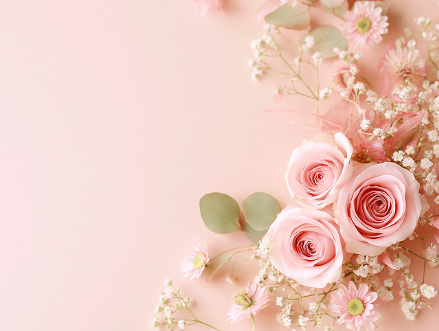 Delicate Floral Flat Lay with Pastel Pink Roses