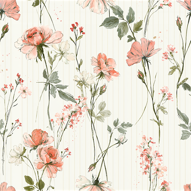 Delicate Floral Watercolor Pattern on Pinstripe