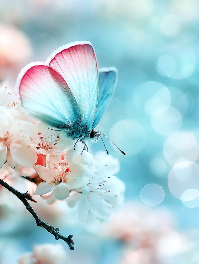 Delicate Macro Photograph of a Translucent Butterfly on Spring Blossoms