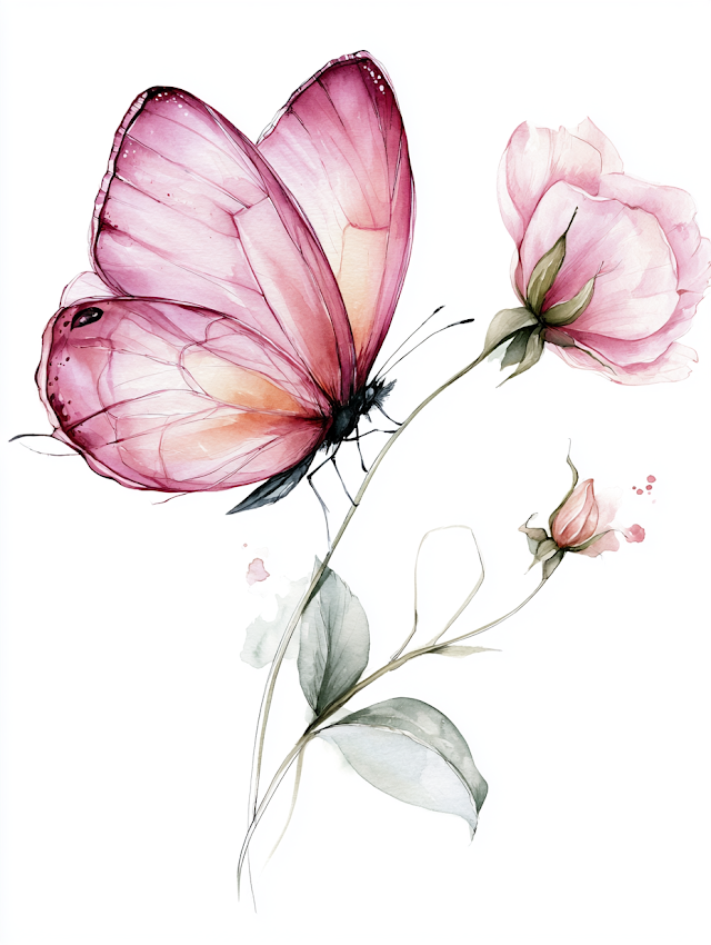 Delicate Pink Butterfly and Wildflower Watercolor Illustration