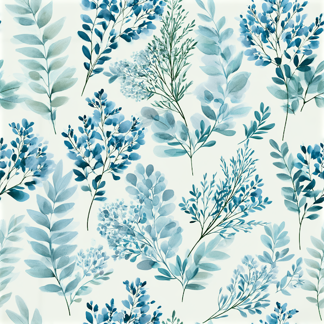 Delicate Watercolor Botanical Pattern in Pastel Blue