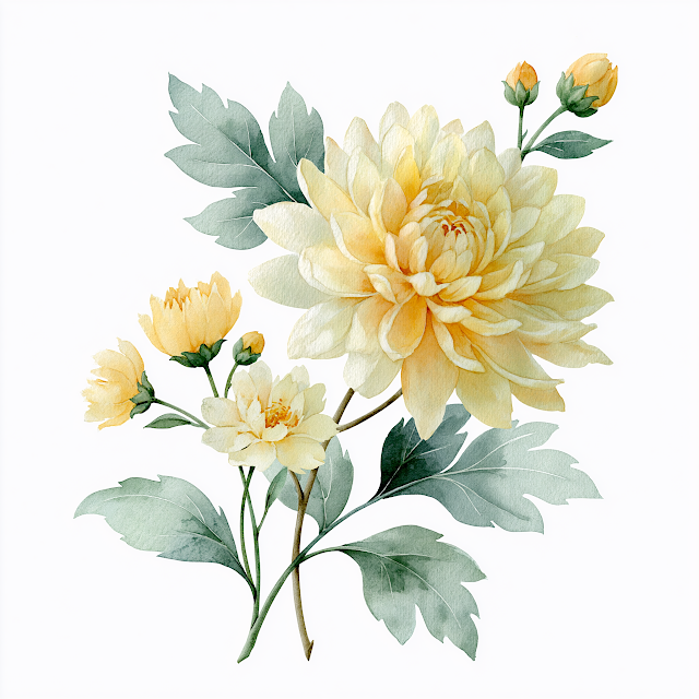Delicate Watercolor Chrysanthemum Botanical Clipart