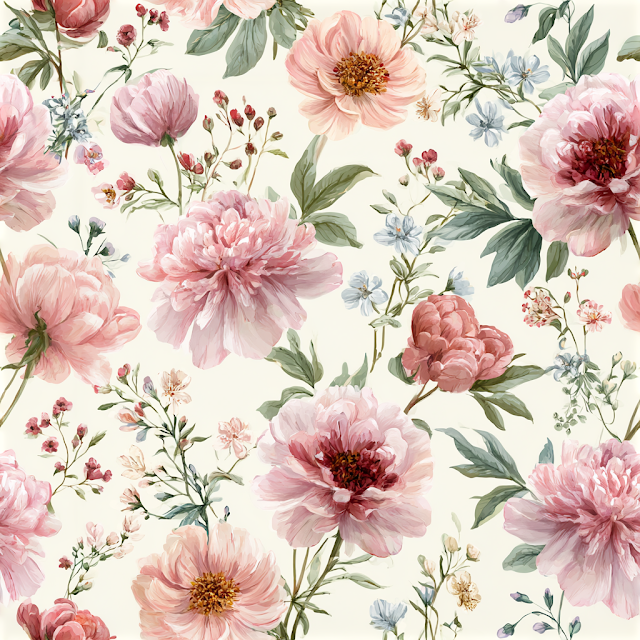 Delicate Watercolor Floral Pattern with Peonies and Jasmine