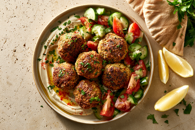 Delicious Golden Falafel with Salad and Pita