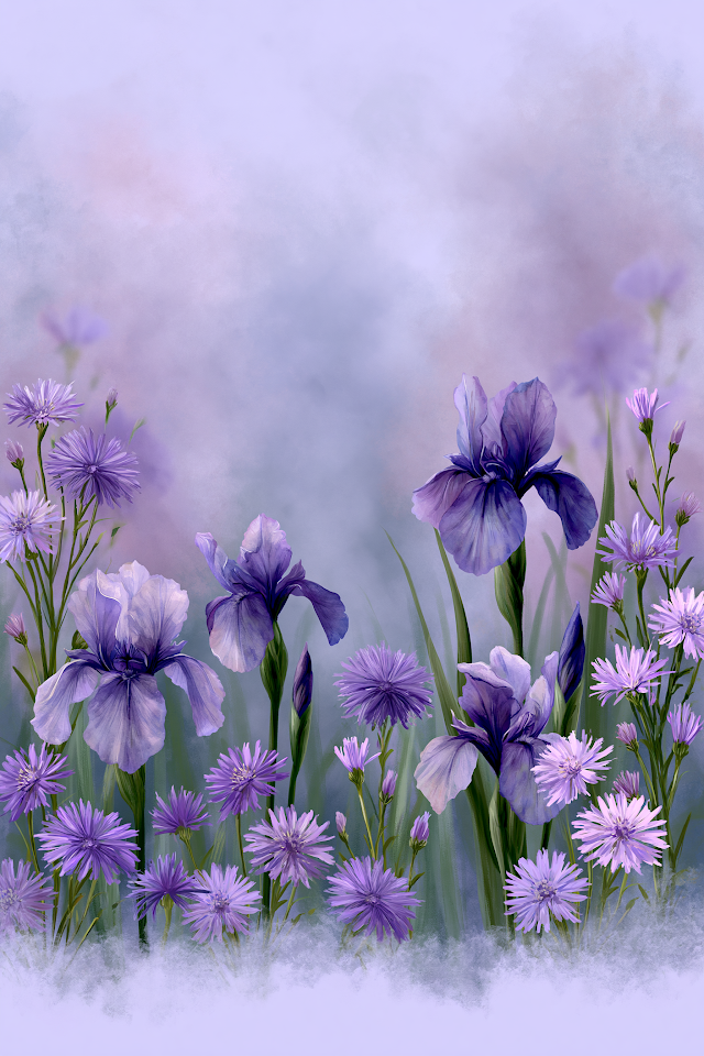 Dreamy Watercolor Floral Scene with Violet Irises and Lilac Asters