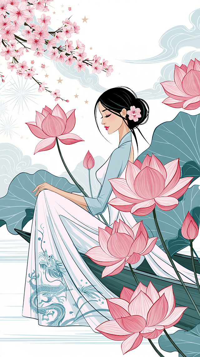 Elegant Asian Girl in Ao Dai at Lotus Pond