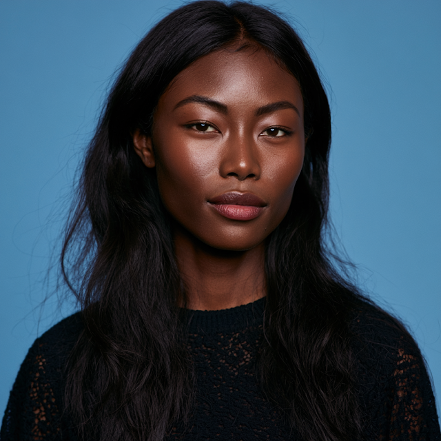 Elegant Asian Woman with Black Skin Against Blue Background