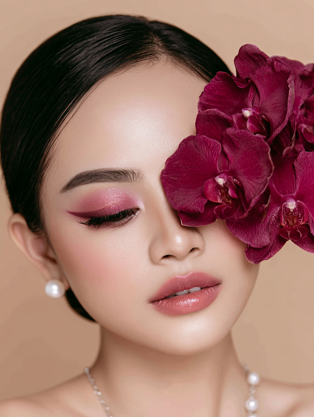 Elegant Beauty Portrait of East Asian Woman with Orchids
