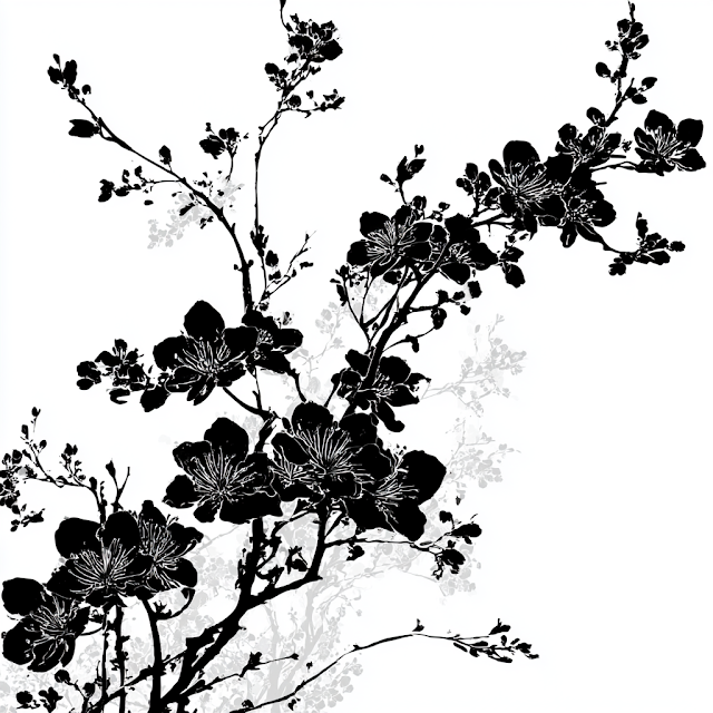 Elegant Black and White Botanical Illustration of Cherry Blossom Branches