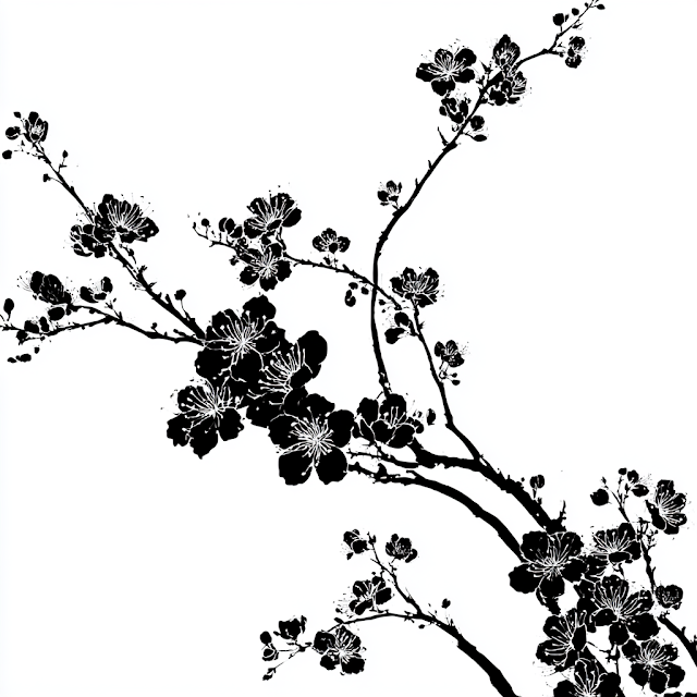 Elegant Black and White Botanical Illustration of Cherry Blossoms