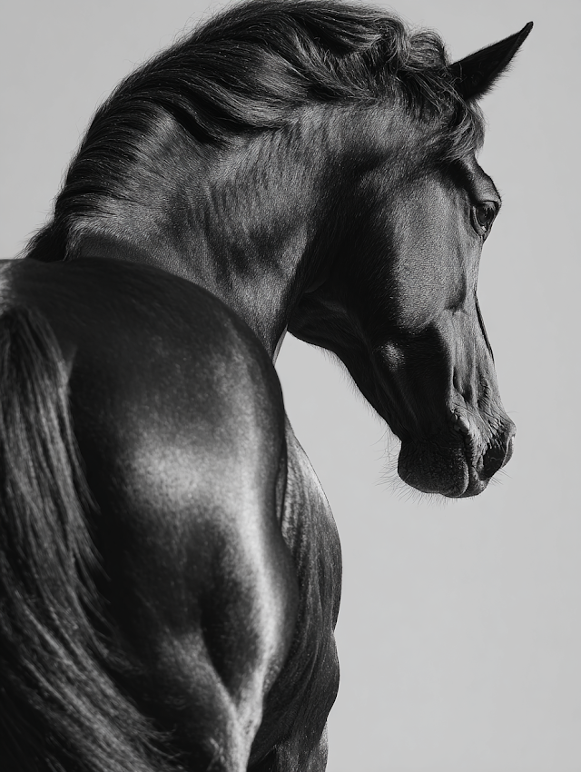 Elegant Black Horse Hindquarters in Minimalist Aesthetic
