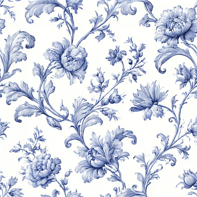 Elegant Blue and White Botanical Toile Pattern