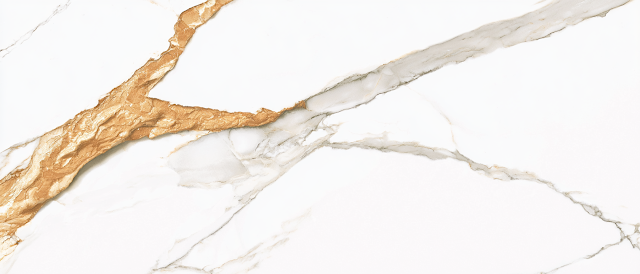 Elegant Calacatta Marble Surface with Gold-Brown Fissure