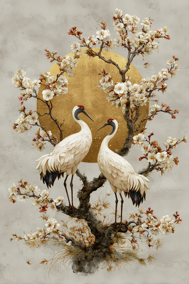 Elegant Cranes Amidst Blossoming Cherry Trees