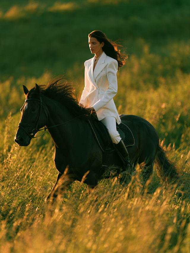 Elegant Equestrian Fashion Portrait in Sunlit Fields