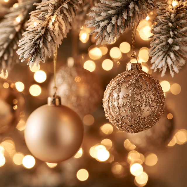 Elegant Gold Christmas Ornaments on Frosted Evergreen