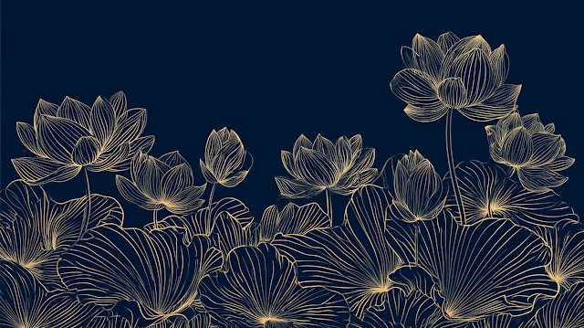 Elegant Gold Lotus Floral Line Art Background