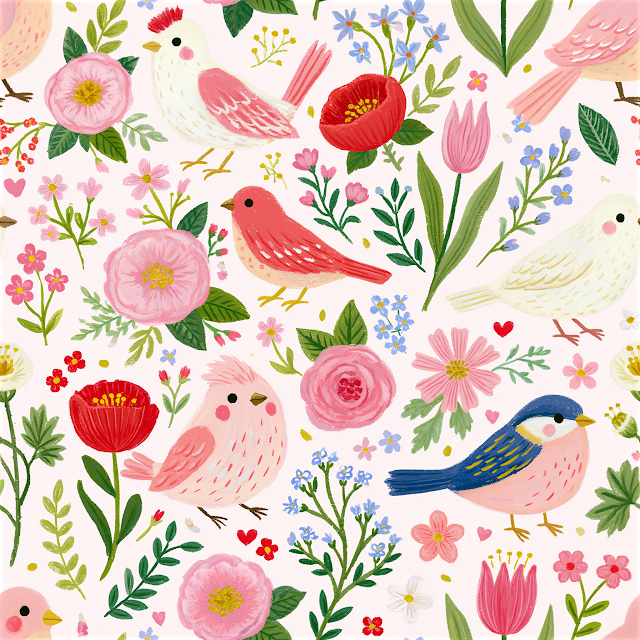 Elegant Hand-Painted Watercolor Pattern with Spring Flowers and Birds