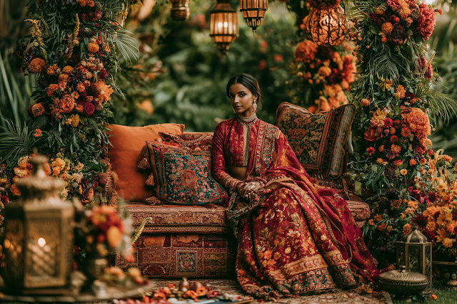 Elegant Indian Wedding Portrait in a Flower-Filled Garden