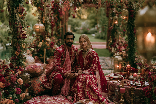 Elegant Indian Wedding Portrait in a Flower-filled Garden