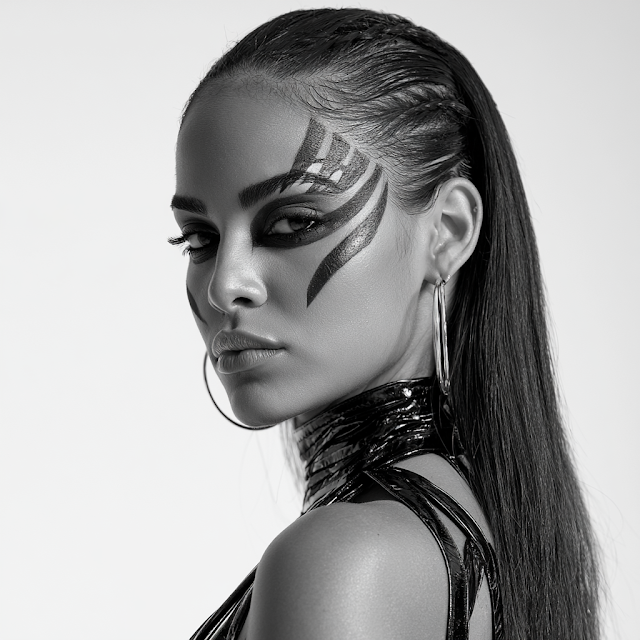 Elegant Latina Woman with Payasa Makeup in Black and White
