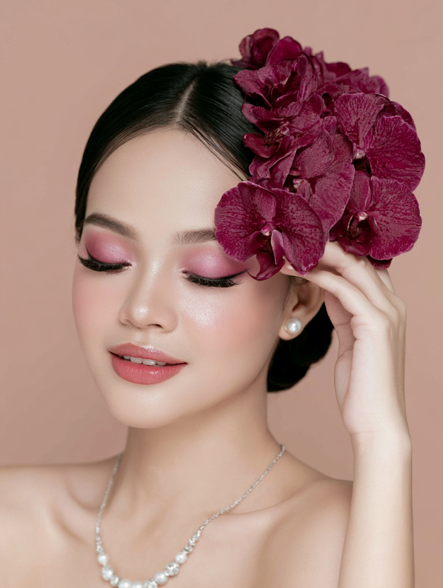 Elegant Portrait of East Asian Woman with Orchids
