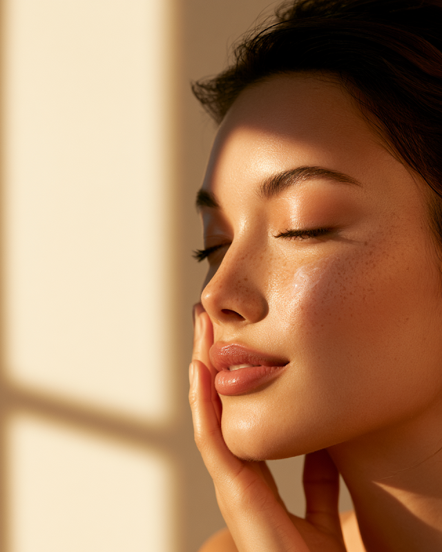 Elegant Skincare Portrait with Sunscreen Application