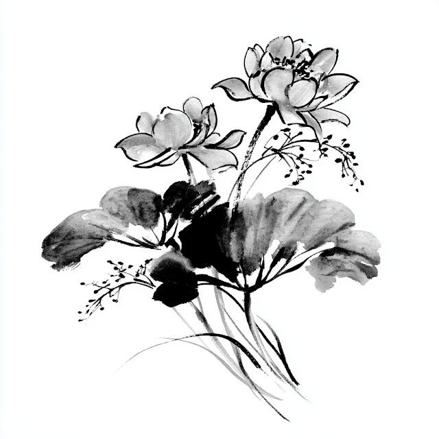 Elegant Sumi-E Lotus Floral Arrangement