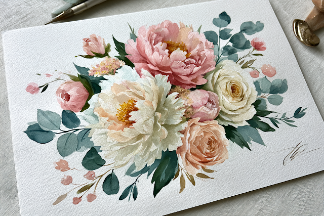 Elegant Watercolor Floral Arrangement with Peonies and Garden Roses