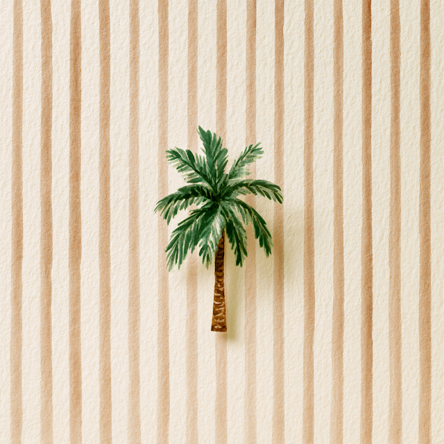 Elegant Watercolor Palm Tree on Cream Stripes