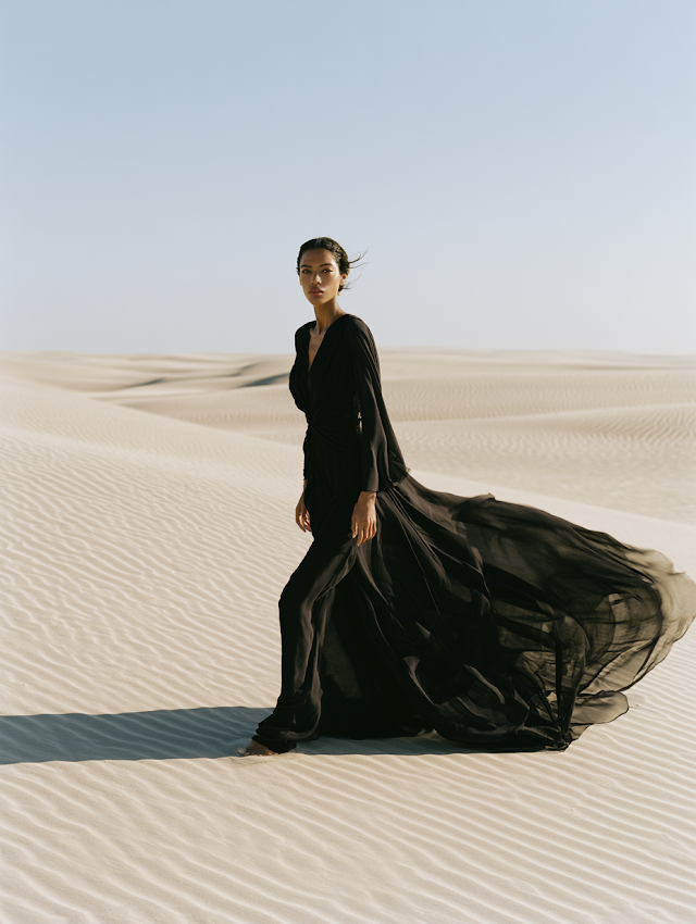 Elegant Woman in Flowing Black Dress in Minimal Desert