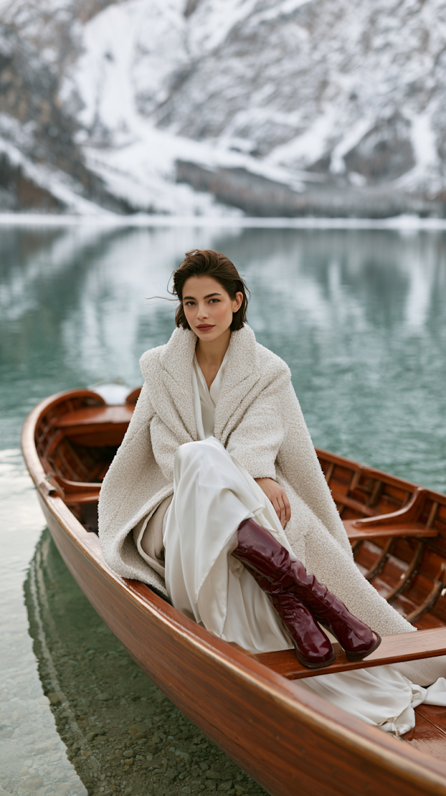 Elegant Woman in Vintage Rowboat on Alpine Lake