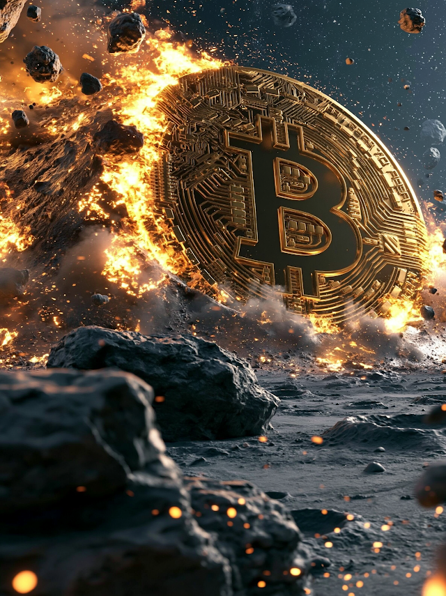 Epic Collision: Golden Cryptocurrency Coin on a Fiery Asteroid