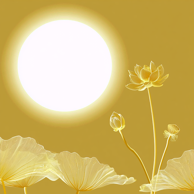Ethereal Golden Lotus Blossoms Against a Glowing Sun