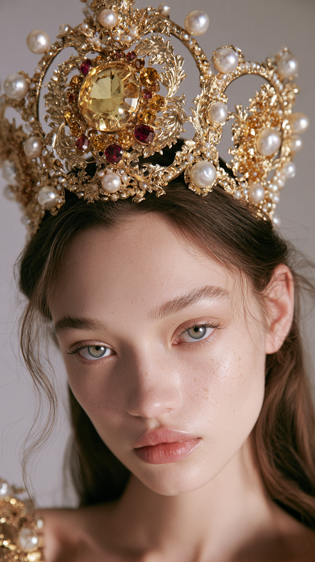 Exquisite 24k Gold Crown with Crystal and Pearl Accents