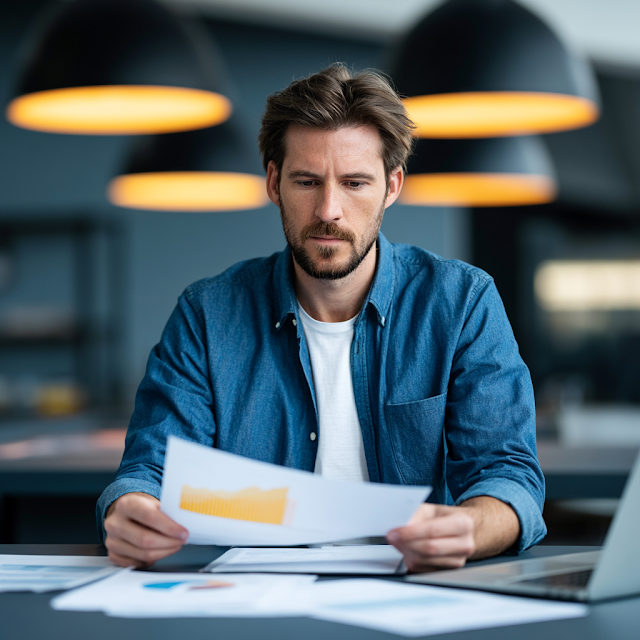 Focused Business Owner Reviewing Financial Documents in Modern Office