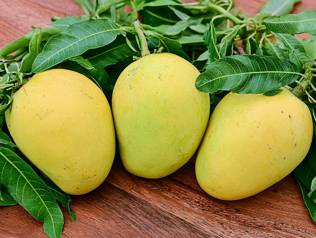 Fresh Ripe Mangoes on Wooden Surface